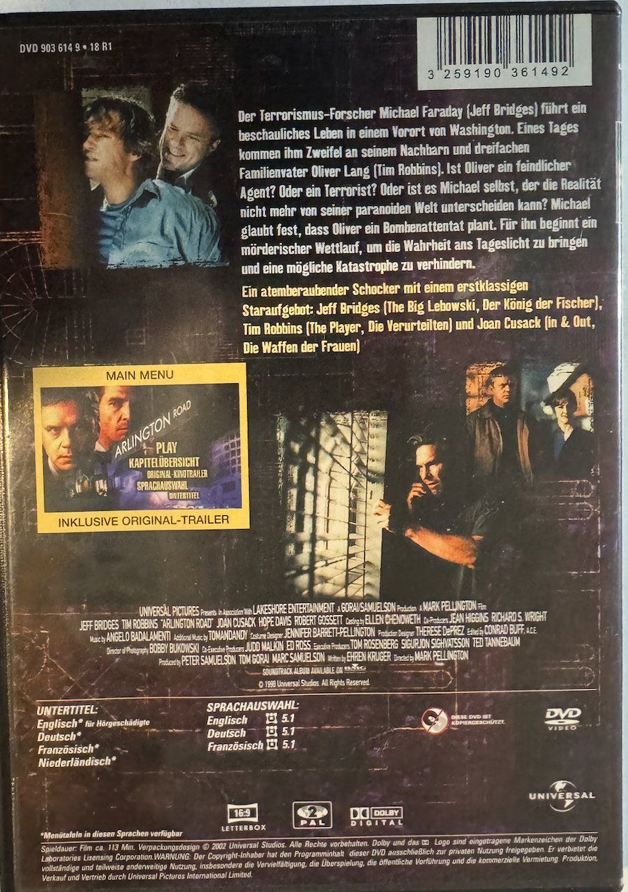Tutti i DVDs: DVD ARLINGTON ROAD - JEFF BRIDGES - TIM ROBBINS – Usato da Wisen venduto da gigisna 2