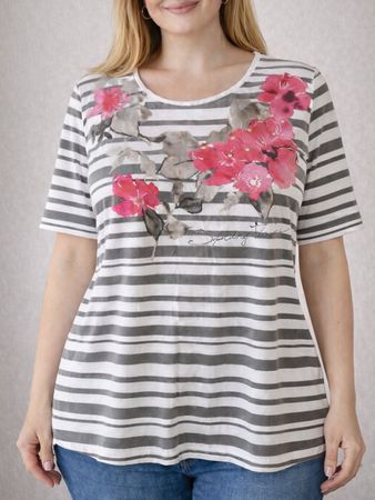 Damen T-Shirt Gr 40 L treifen Blumen 4000 weiss trendy