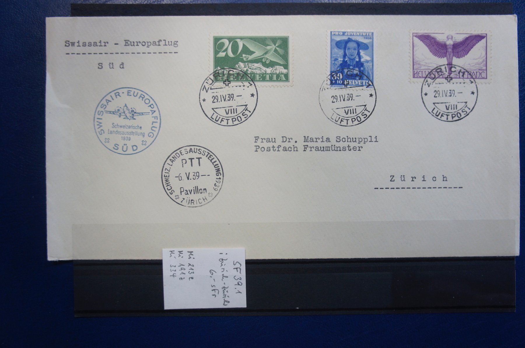 Tutti i francobolli: CH - Flugpost - Sonderflug - SF 39.1 – Usato da Rombach venduto da VENTIS-Auktionen