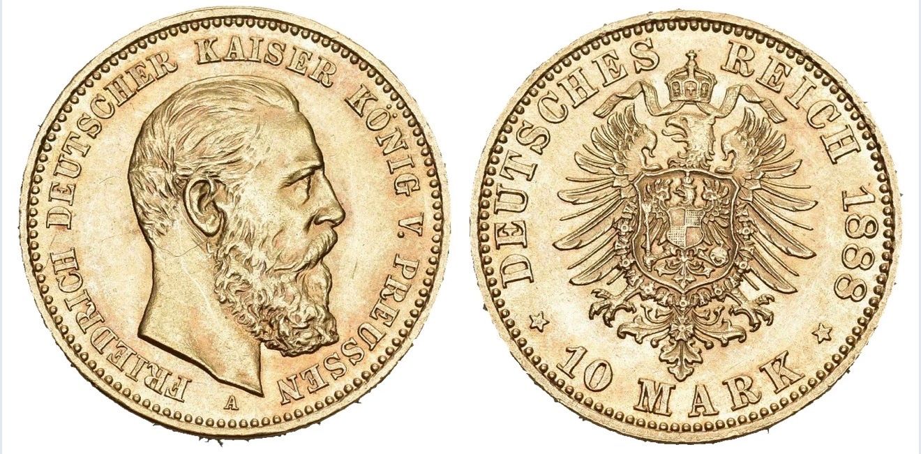 Alle Münzen: Deutsche Reich 10 Mark 1888 "A" Friedrich III – Gebraucht aus Basel von Muchachoo