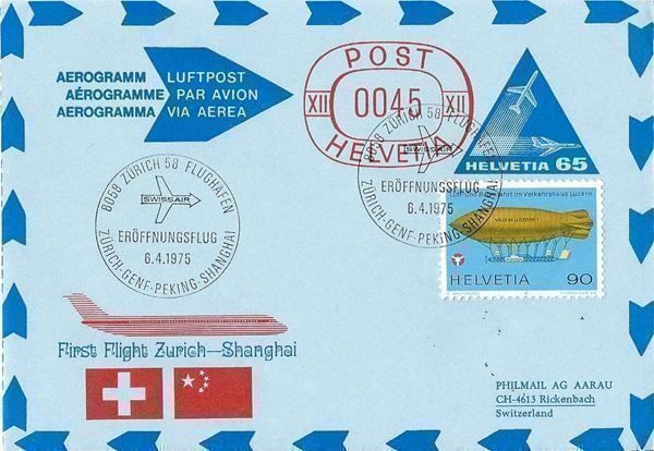 Tutti i francobolli: Aerogramm/Luftpost  First Flight Zürich-Shanghai  4x Stempel – Usato da zürich venduto da parts5060