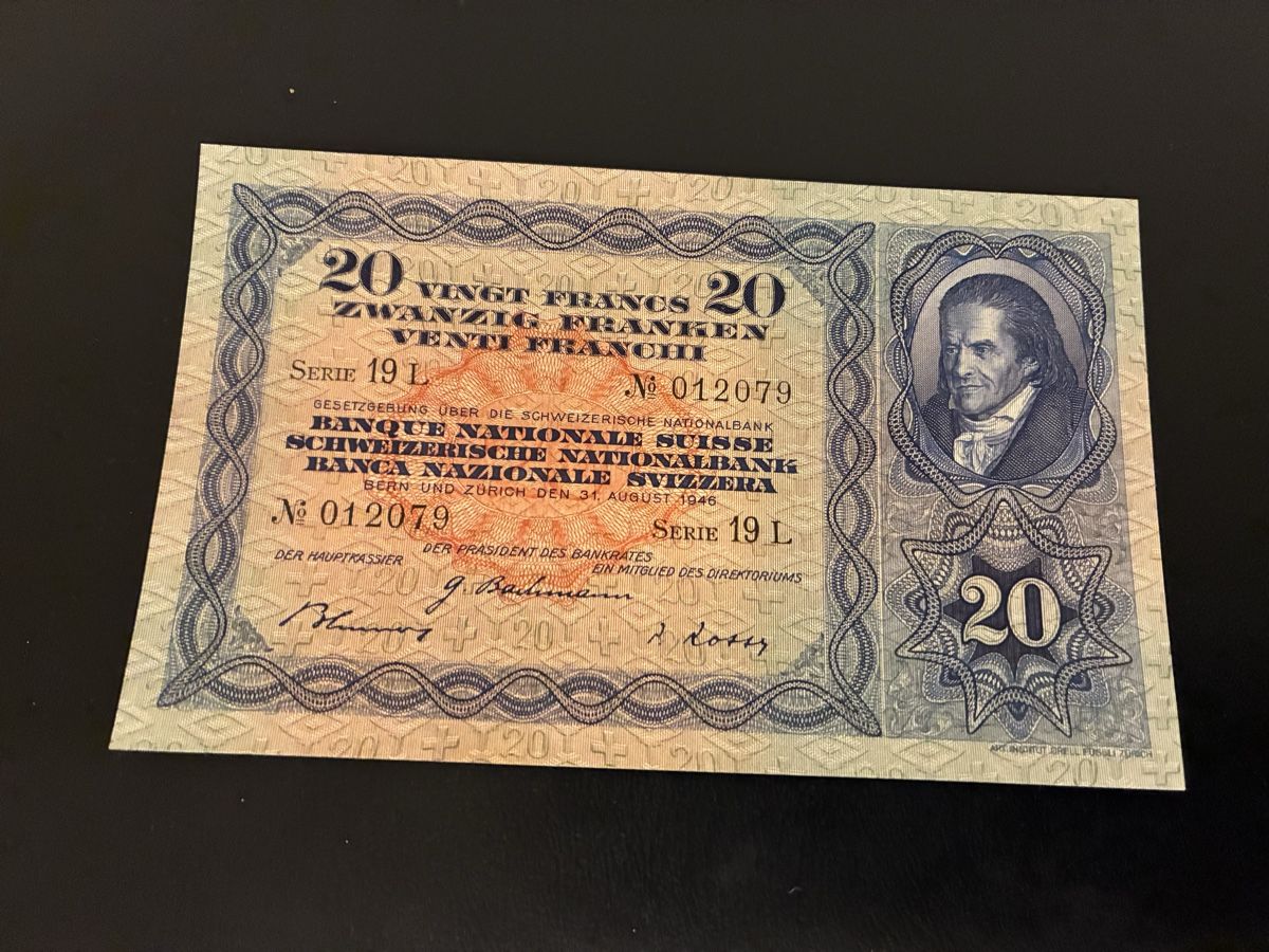 Banknoten: 20 Franken 1946 fast bankfrisch – Gebraucht aus Dällikon von Woldbanknoten