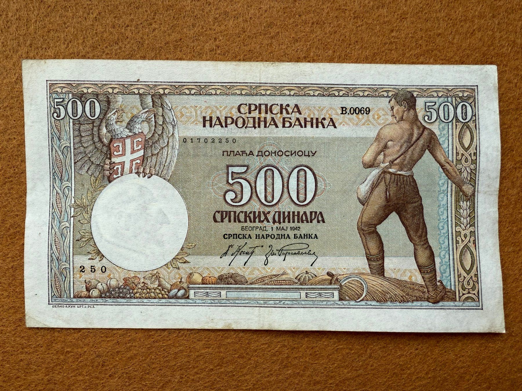 Banconote: Belgrad 1942 - Serbien - 500 Dinara – Usato da Pfäffikon SZ venduto da Sieben77