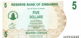 Zimbabwe 5 Dollars 2006 UNZ P-38 Serie AA