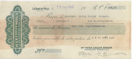 Recu Peter Cailler Kohler Chocolats La Tour-de-Peilz 1922