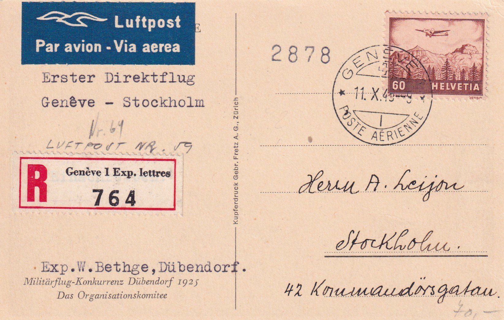 Tutti i francobolli: Luftpost 1949 Genève - Stockholm – Usato da Birsfelden venduto da chr_yq2g