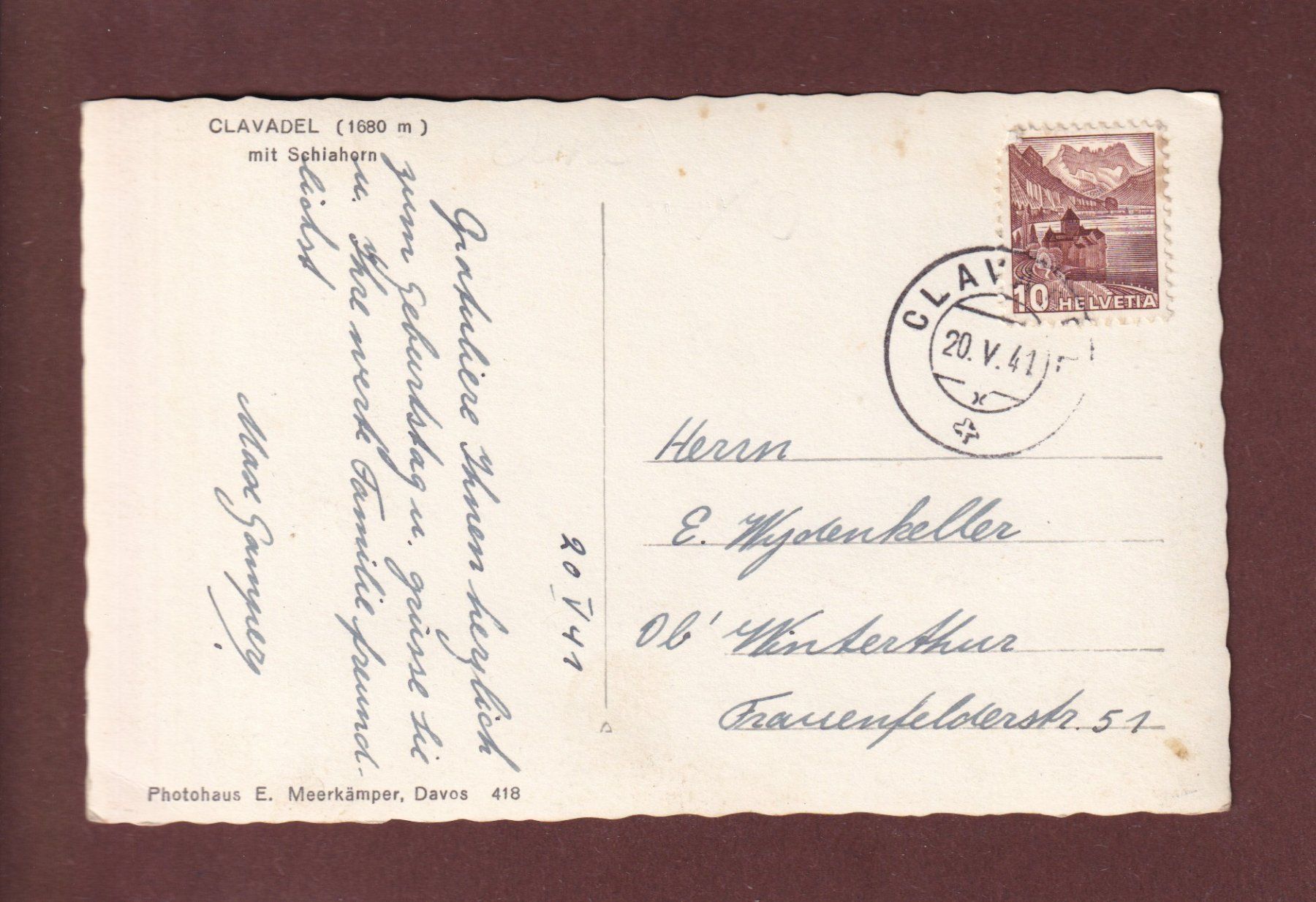 Cartoline postali: Davos - CLAVADEL - 1941 – Usato da Pully venduto da nicecards 1