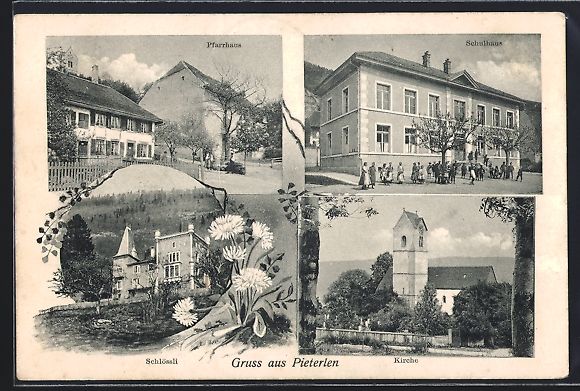 Cartoline postali: Pieterlen, Schlössli, Pfarrhaus, Schulh – Usato da Berlin venduto da bartko-reher