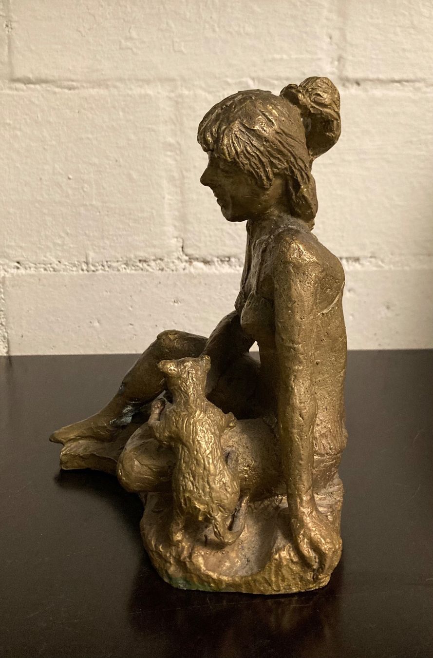 Statuette: Bronzefigur – Mädchen mit Katze – Usato da Riniken venduto da begeh-r-bar 1