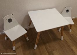 Kindertisch mit 2 Stühlen Bärenmotiv weiss Holz