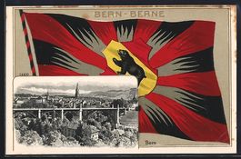 Bern / Berne, Panorama und Flagge mit Wa