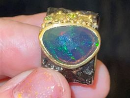 ❤️‍🔥Black Opal Hand Hammered SS925 14k Gold Vermeil Ring💲