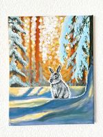 Gemälde auf Leinwand: Hase im  Schneewald. Handgemalt. Tiere