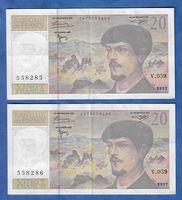France  2  stk.  20  Francs  1997 Serie Consetiv Geb.90%