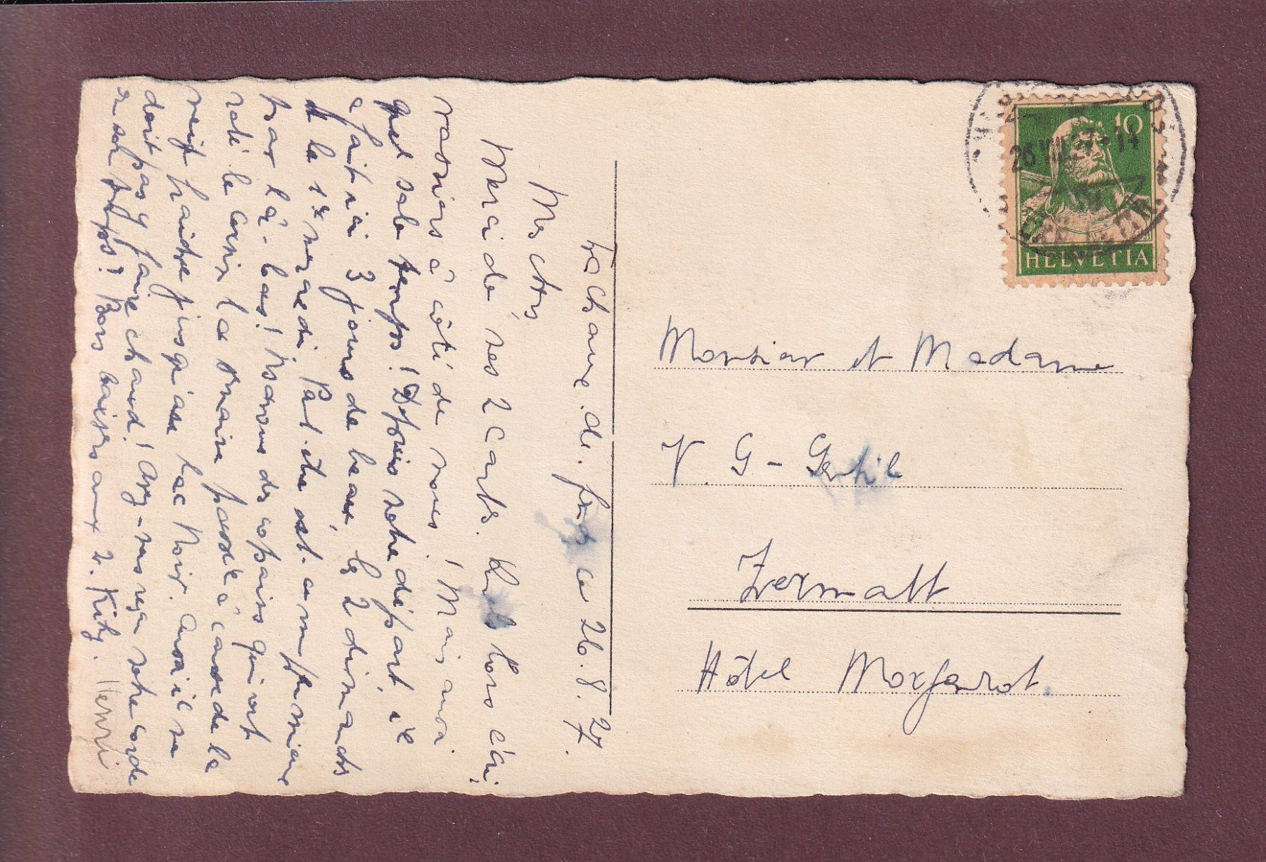 Cartoline postali: ZINALROTHORN vue du Besso - 1927 – Usato da Pully venduto da nicecards 1