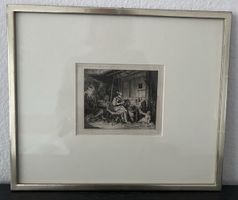 Antiker Stich Bauern-Familienidylle, Künstler König