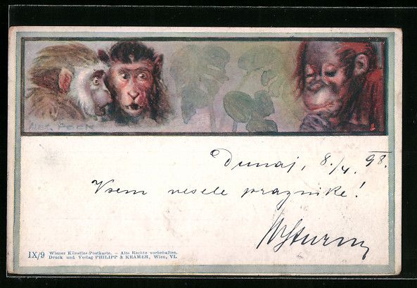 Cartoline postali: Philipp + Kramer Nr. IX /9: Drei Affen m – Usato da Berlin venduto da bartko-reher