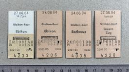 Ab Gisikon - Root, 4 alte Bahn Billette, SBB, 1984