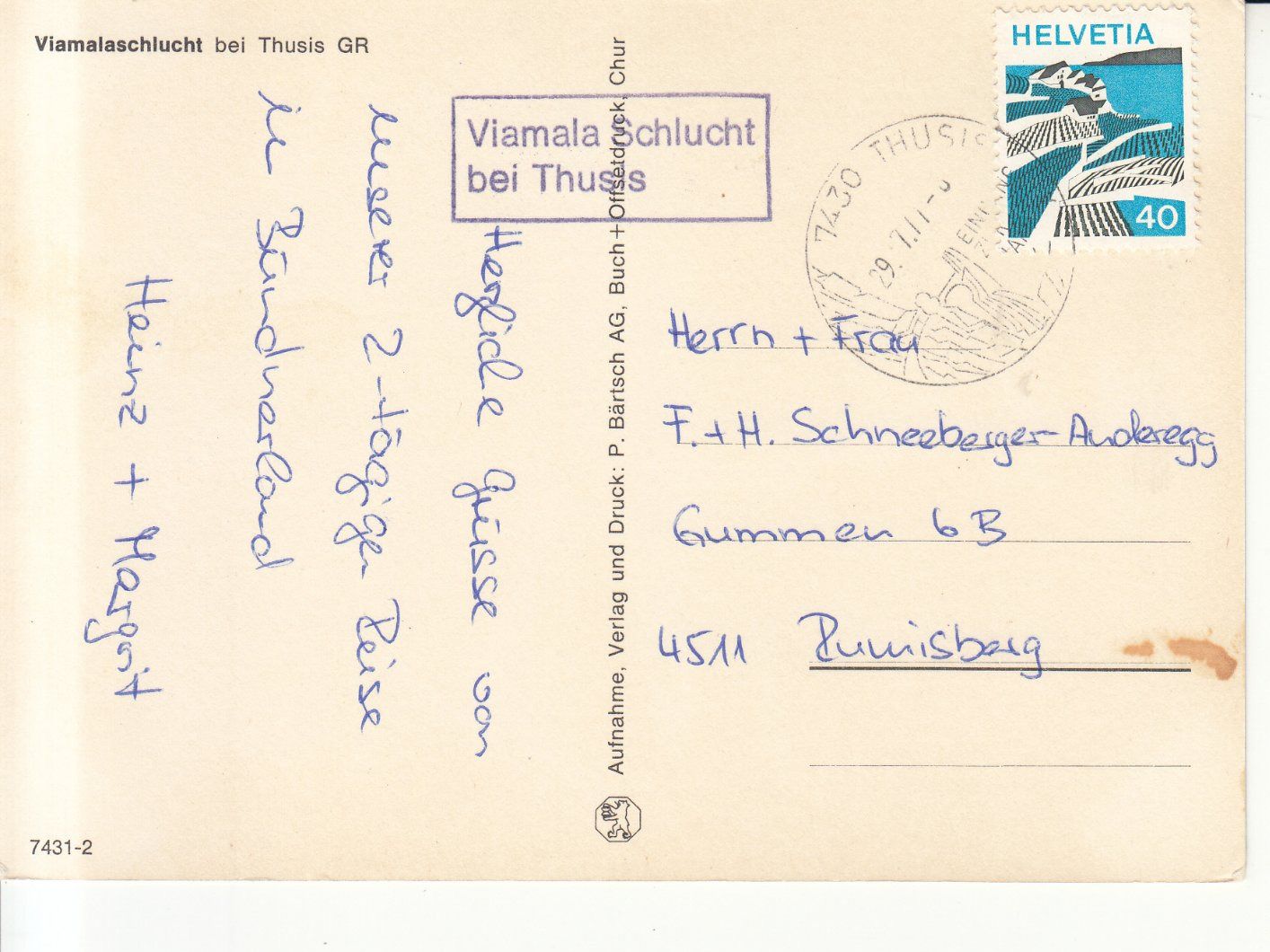 Cartoline postali: Viamalaschlucht 1977 – Usato da Bürglen TG venduto da StampGraf 1