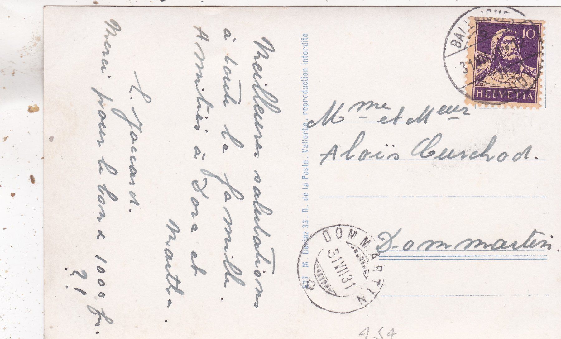 Cartoline postali: Ballaigues et le Mont d' Or 1931 – Usato da Herisau venduto da Lisegrat2008 1