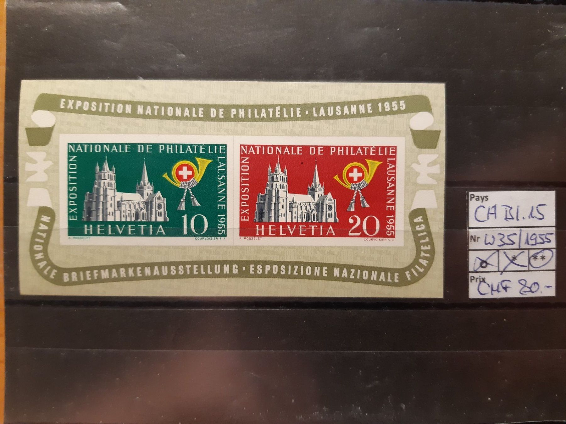 Tutti i francobolli: Schweiz/Suisse W35 1955 Block 15** – Nuovo e nell'imballaggio originale da Confignon venduto da Alfda2000