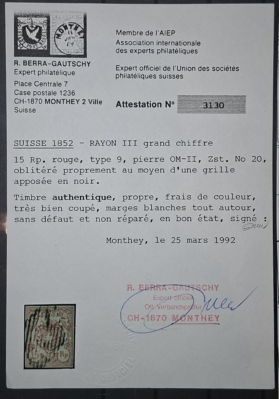 Tutti i francobolli: Rayon Nr 20 Typ 9 mit Attest Kat. 200.- – Usato da Balgach venduto da SIMEON27 2