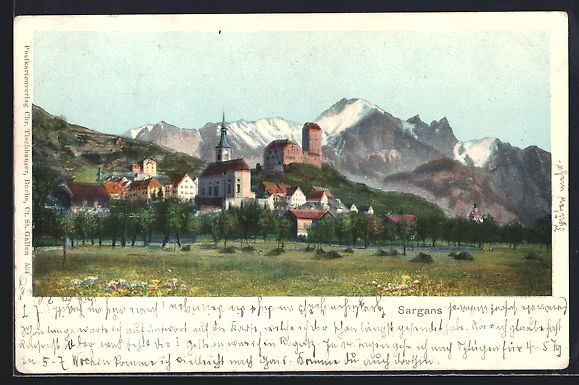 Cartoline postali: AK Sargans, Ortspartie mit Kirche, 1907 – Usato da Berlin venduto da bartko-reher
