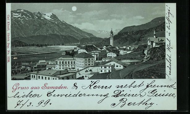 Cartoline postali: Mondschein-Lithographie Samaden, Panoram – Usato da Berlin venduto da bartko-reher