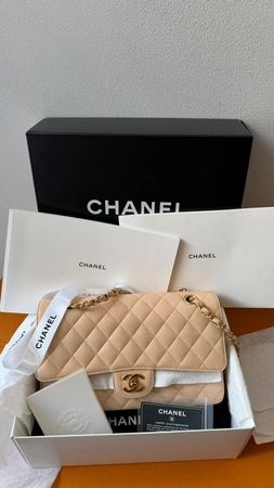 Classic Timeless Double Flap Medium Beige Caviar Leather 