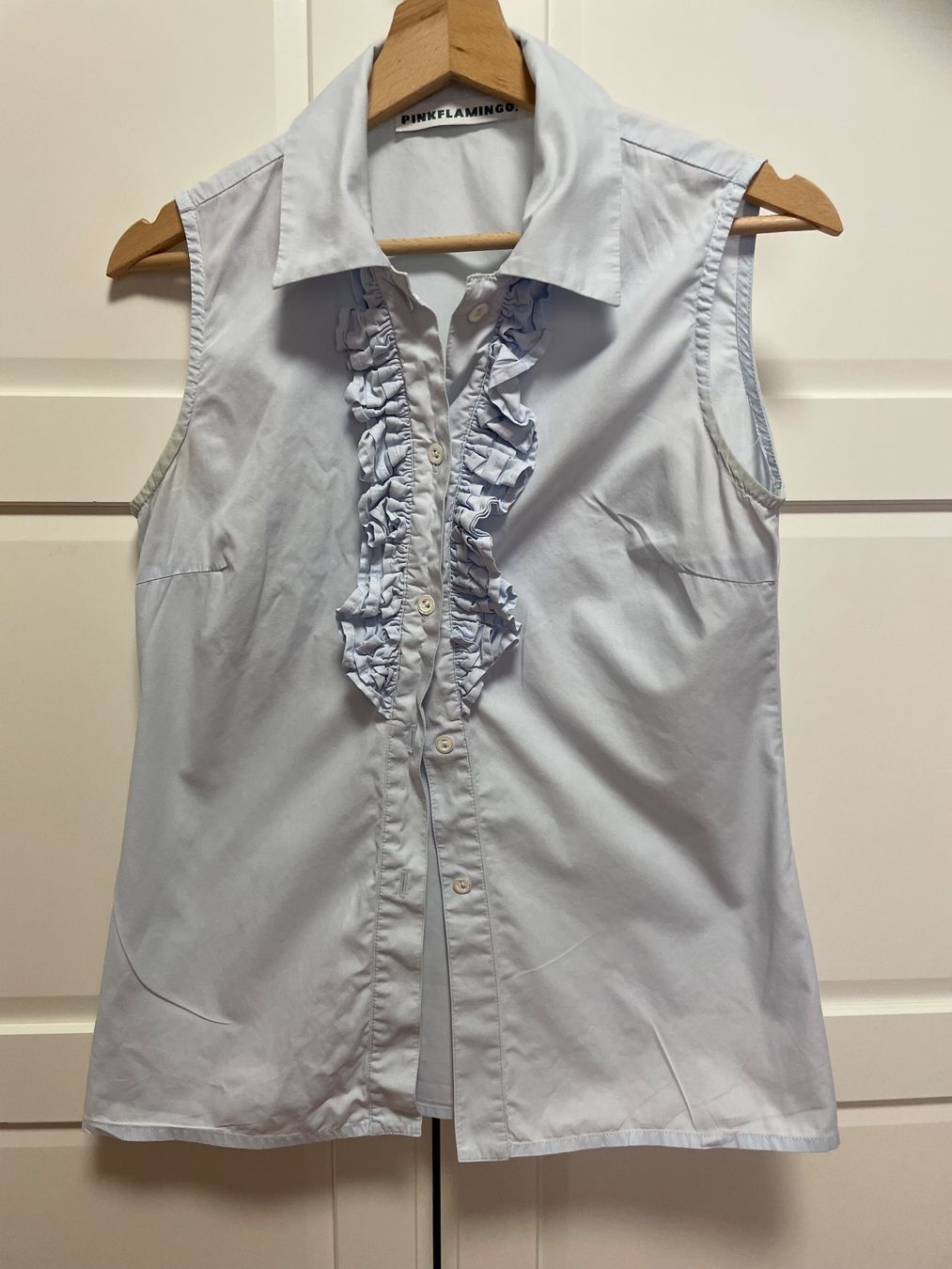Camicette: Pink Flamingo aermellose Bluse hellblau – Usato da Bern venduto da Rigoler