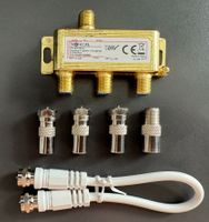 3-fach TV-Verteiler mit Adaptern und F-Stecker Kabel