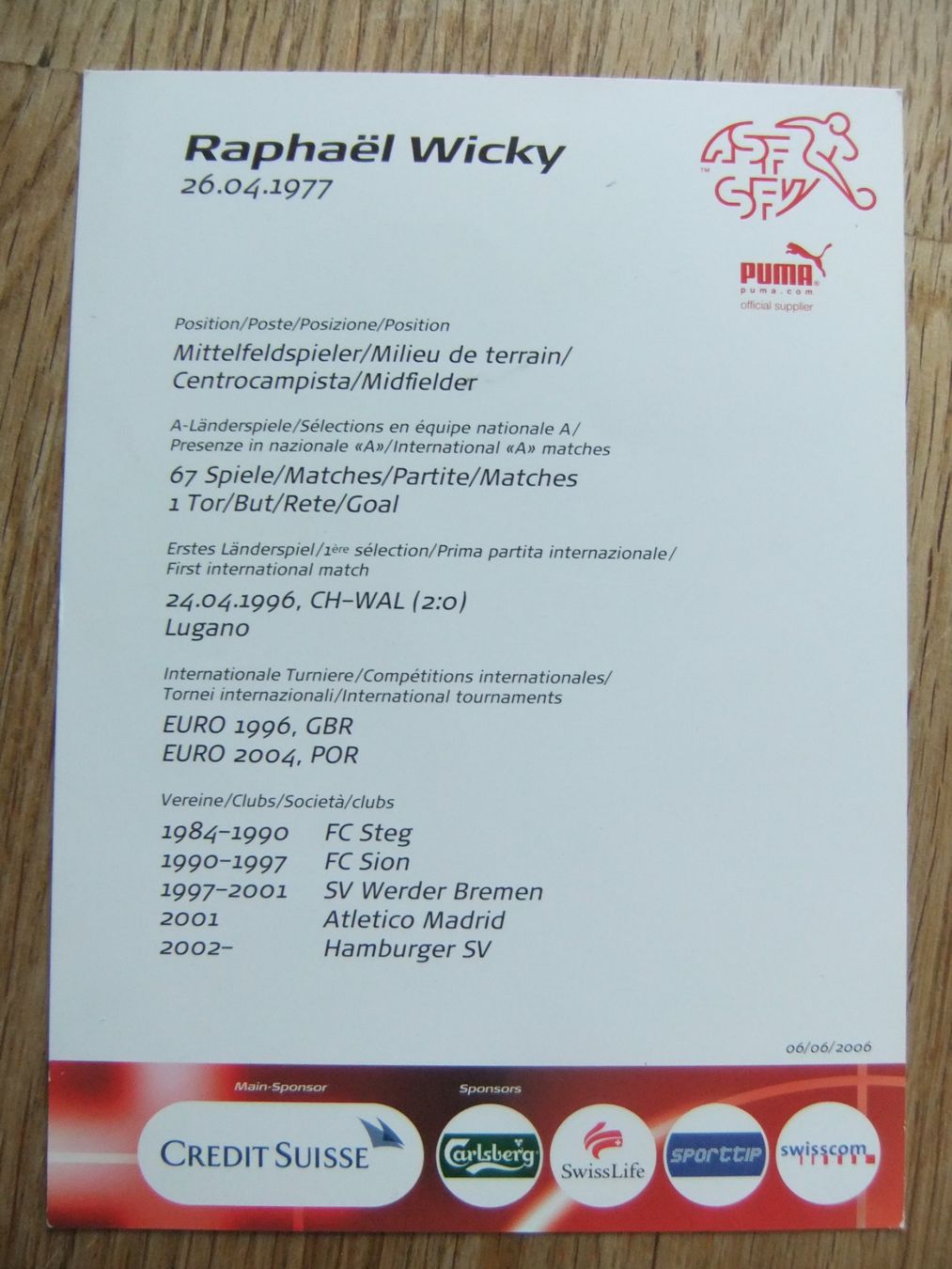 Autographes: Autogramm Karte von Raphael Wicky 1977 – D'occasion à St. Niklaus VS par wunschlos54 1
