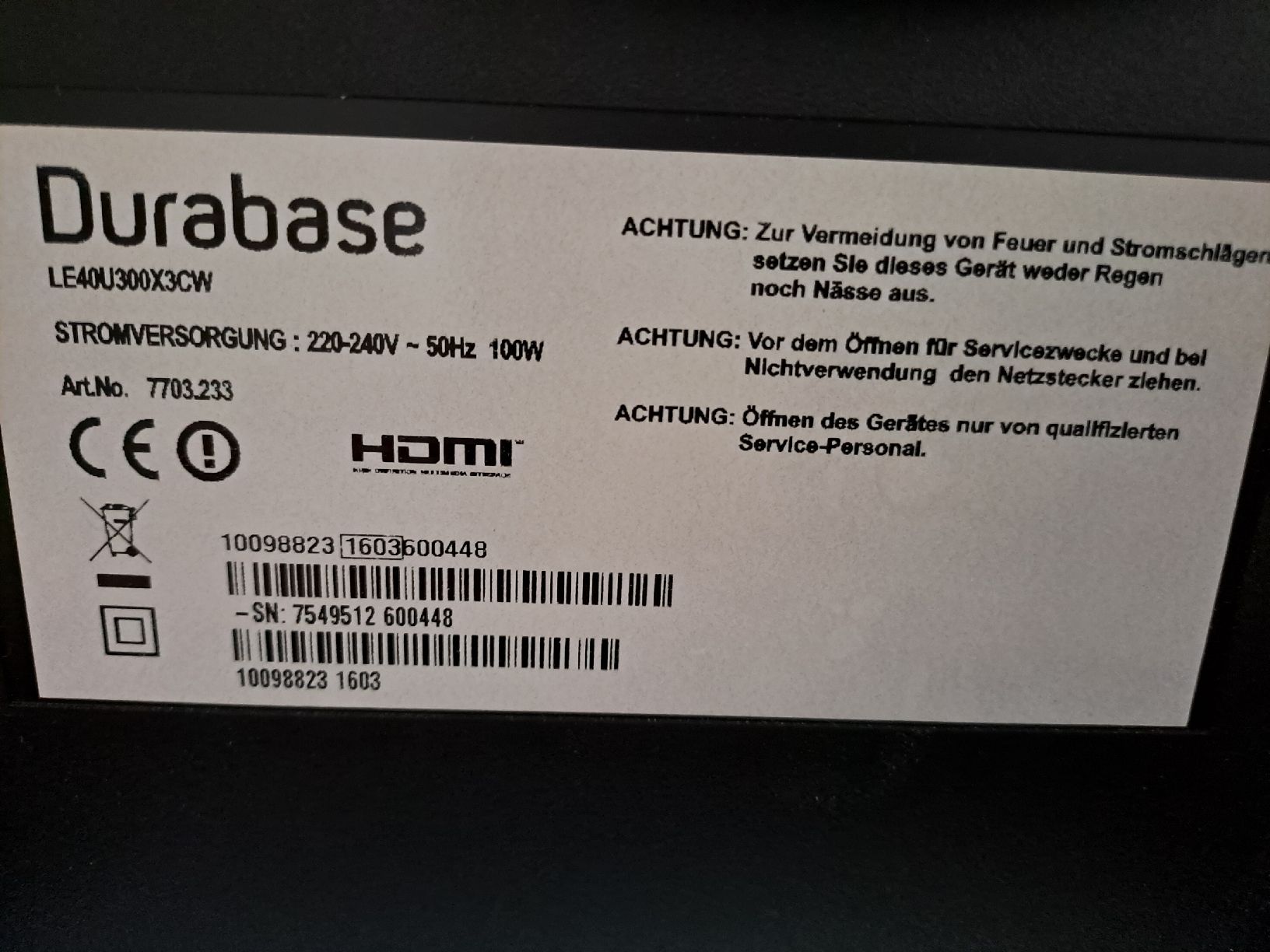 Televisori: Durabase LE40U300X3CW Fernseher – Usato da Schötz venduto da Alesig71 6