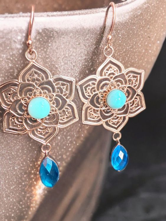 Boucles D'oreilles Turquoise Véritable & Argent Sterling 925 - Pendantes, Dormeuses, Occasion