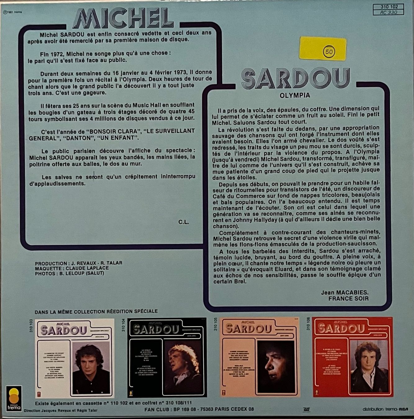 Dischi in vinile: MICHEL SARDOU - REEDITION SPECIALE - 33 Tours – Usato da Bussigny venduto da vinyl-pas-cher 1