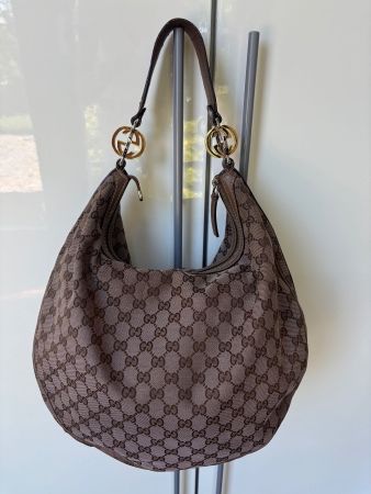 GUCCI Hobotasche Canvas m. Logopringt, Leder hellbraun