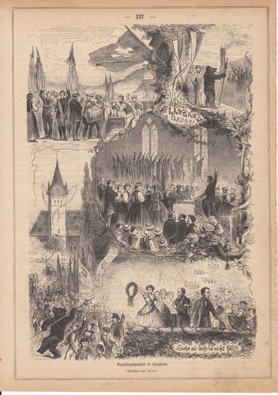 Stiche: LANGNAU, HOLZSTICH 1871 – Antik aus Grüningen von Kartensammler 1