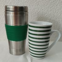 Thermo Becher Edelstahl grün und Tasse gestreift 