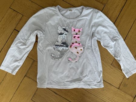 Langarmshirt weiss mit Pailletten Katzenmotiv Grösse 116