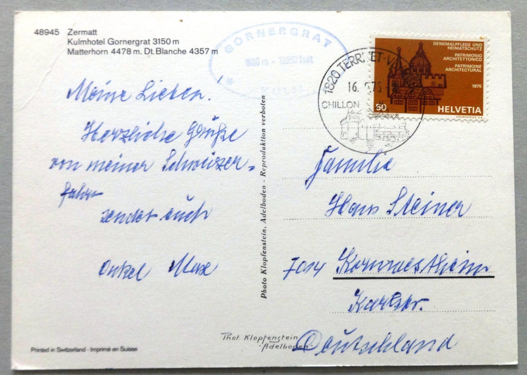 Cartoline postali: Zermatt, Kulmhotel Gornergrat, Matterhorn – Difettoso da Fétigny venduto da Billy2miny 1