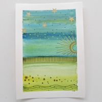 Aquarell Original Abstrakt Sonne + Sterne - 14.5 x 20.5cm