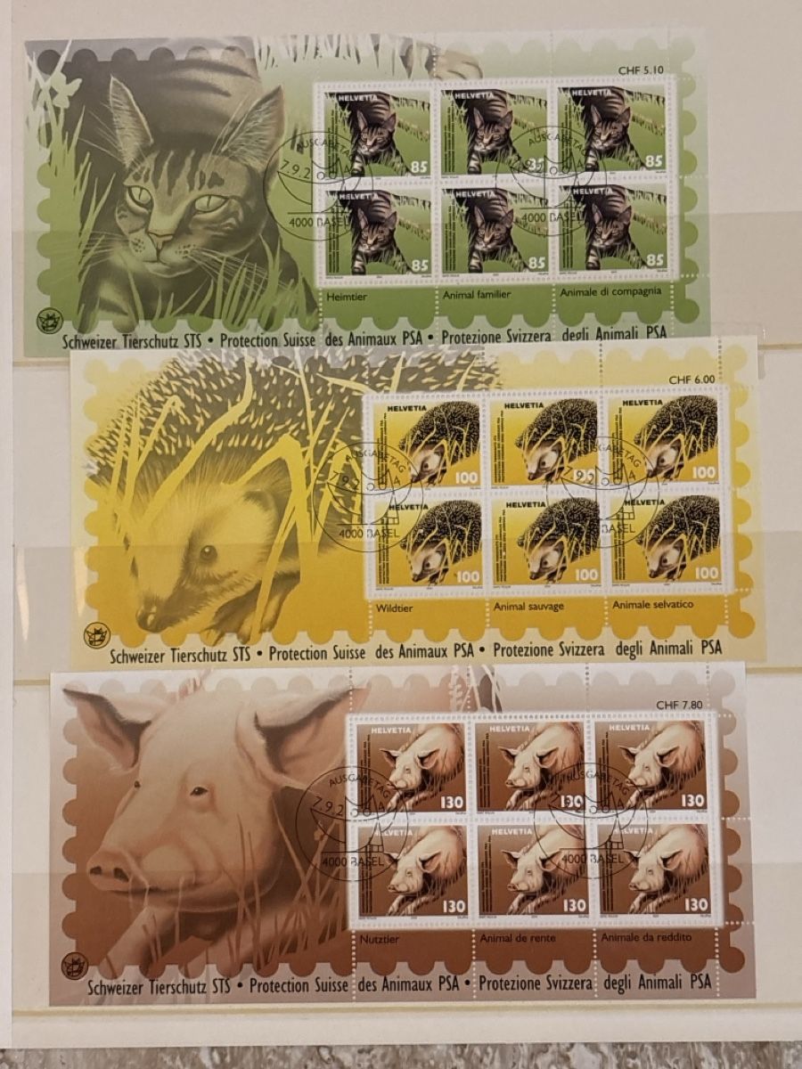 Tutti i francobolli: Timbres Suisses Protection Animale Chat, Hérisson, Cochon - – Usato da Carouge GE venduto da irma016