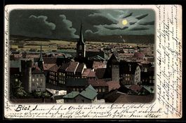 Lithographie Biel, Blick über die Dächer der Stadt