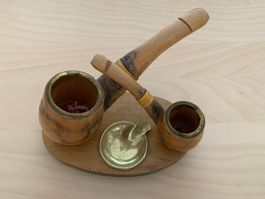 Range-pipe présentoir vintage en bois et laiton. État!