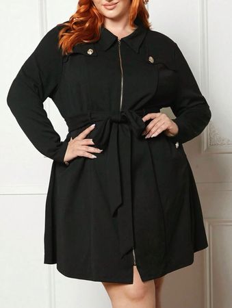 Kleid mit Gürtel / Mantel schwarz mit gold Gr. 56 / 58 / 60