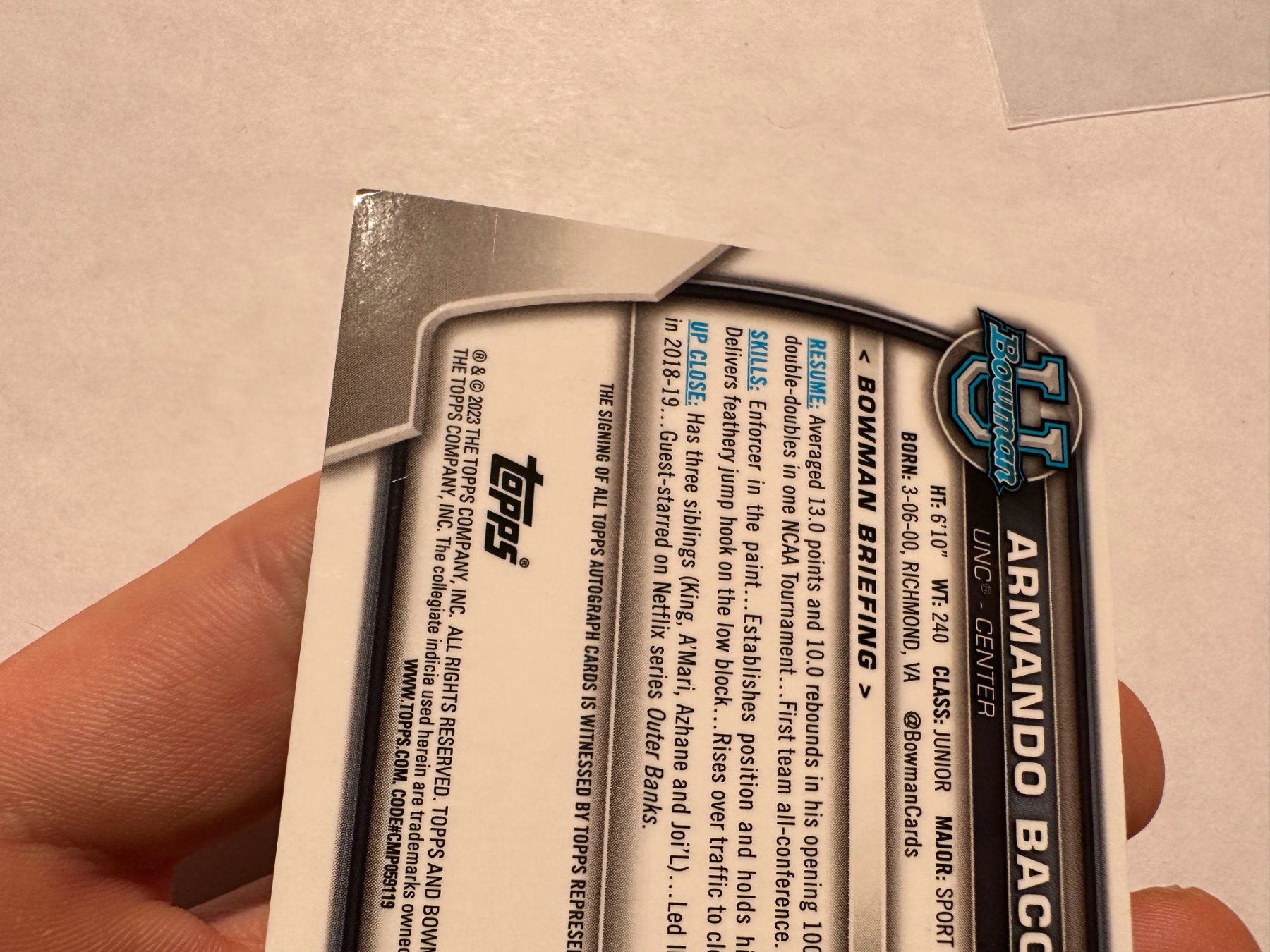 Topps Carte collezionabili: 2023 Topps Bowman Armando Bacot Auto 14/50 – Usato da Hagendorn venduto da Pokecollectorch 5