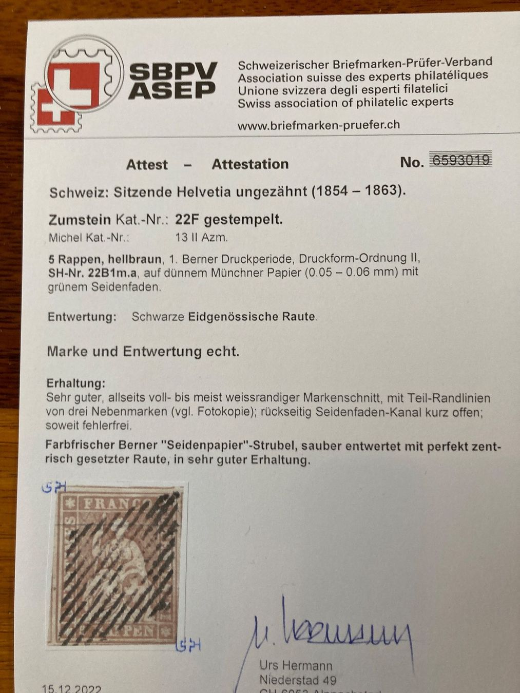 Tutti i francobolli: Super Seidenpapier Strubel 22B2m.a  Kat. 1400 – Usato da Kreuzlingen venduto da Vikinger 2