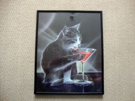 Katzenbild gerahmt Katze und Sektglas von H. Wiersma