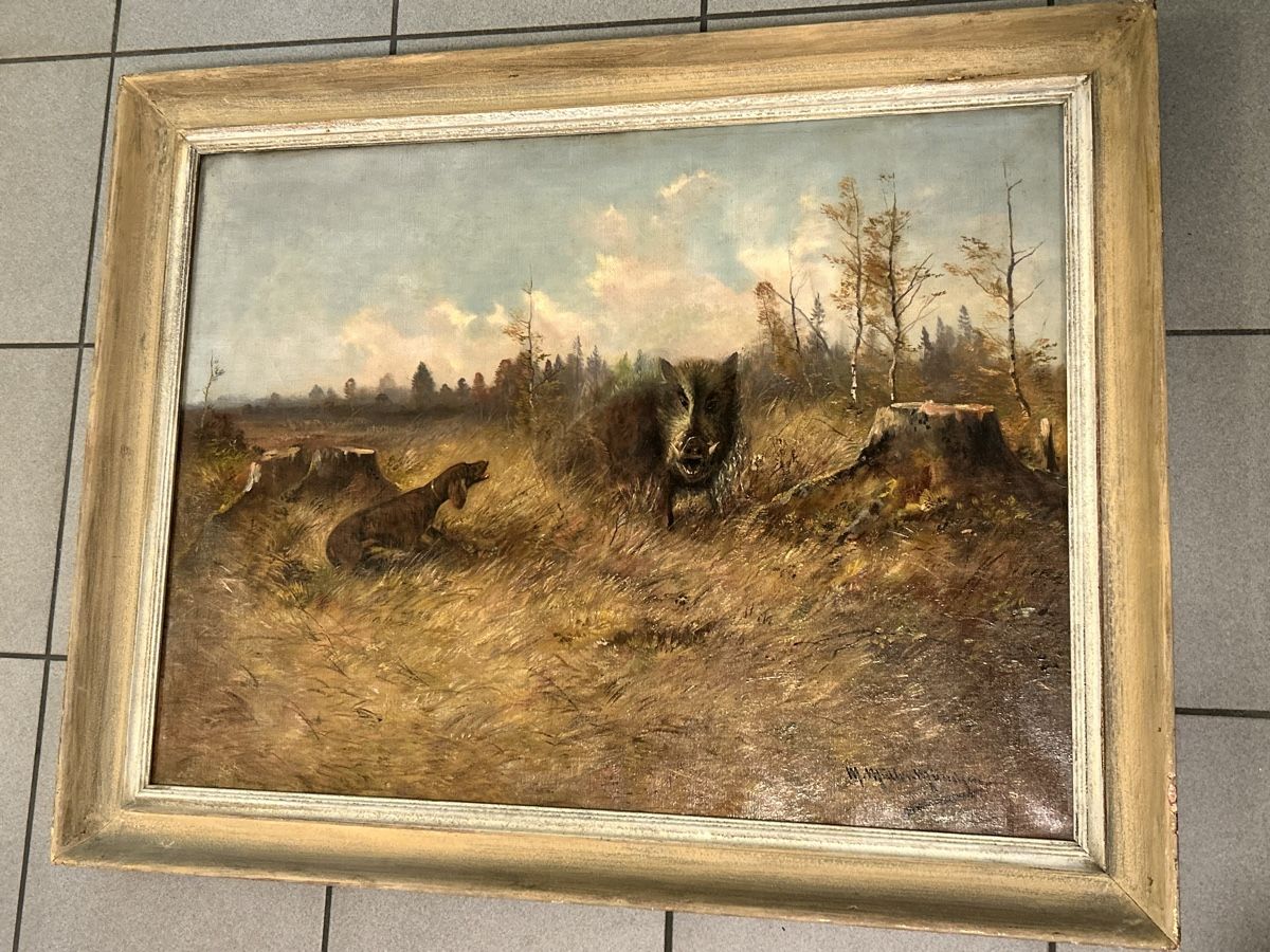 Dipinti: Antikes Ölgemälde Wildschwein Keiler M. Müller-Gera  – Usato da Hofstetten SO venduto da Treasurefinds 4