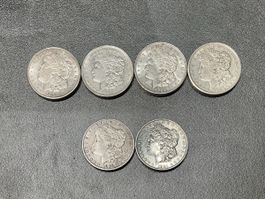 6 Morgan Dollar Silbermünzen USA verschiedene Jahrgänge